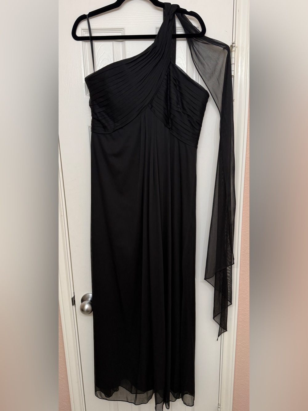 Alex Evenings Black One-Shoulder Chiffon Evening Dress with Draped Sash